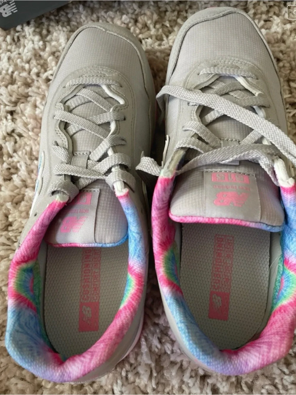 New Balance Kids Gray Sneakers with Pink and Tie-Dye Accents